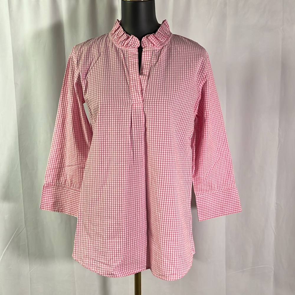 Haley and the Hound Pink Gingham Plaid Ruffled Split V-Neck Pullover Blouse